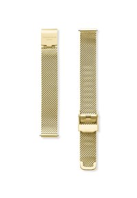 Correa de reloj de malla dorada con una superficie texturizada y un cierre rectangular. Longitud ajustable con bordes suaves y un diseño sin costuras.