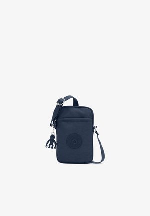 Borsa a tracolla blu navy realizzata in tessuto resistente con tasca frontale, dettaglio del logo circolare e zip a forma di scimmia. Tracolla regolabile.