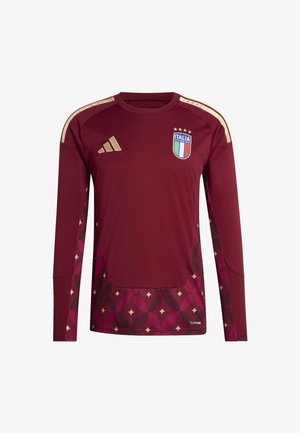 Camiseta de fútbol de Italia de manga larga en color burdeos con logo dorado de Adidas, escudo de Italia con cuatro estrellas y un diseño geométrico en la parte inferior delantera y en las mangas.