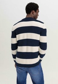 Gestreifter, navy-blauer und cremefarbener Pullover aus Strick, mit geripptem Muster, rundem Halsausschnitt und langen Ärmeln. Rückansicht dargestellt.