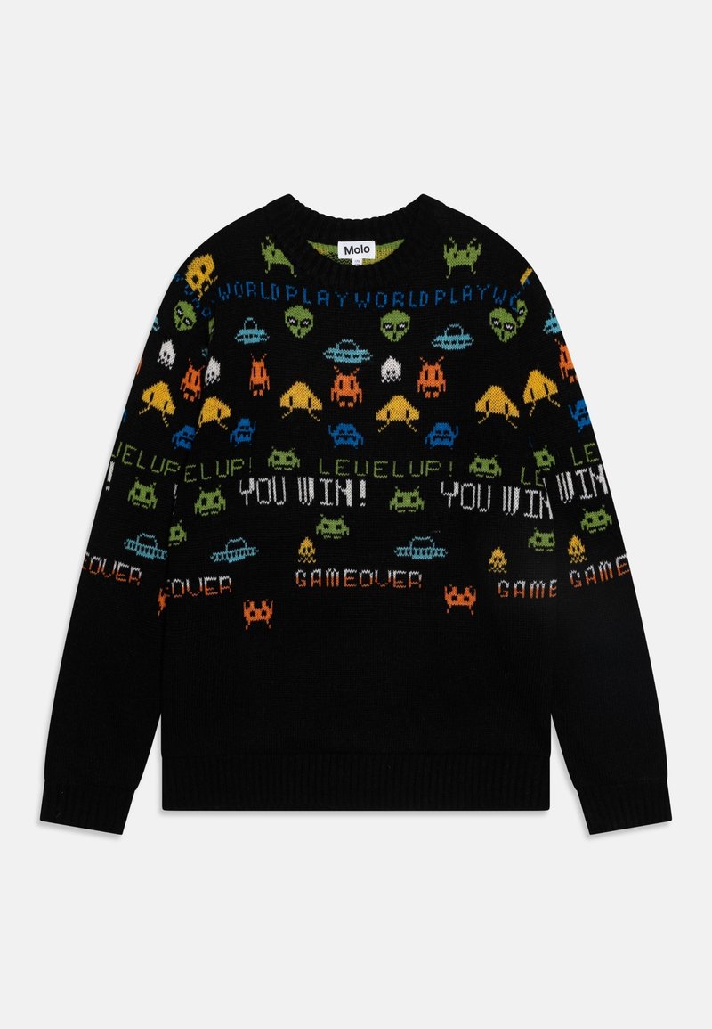 Pull en tricot noir avec des motifs en art pixel colorés, incluant des extraterrestres et du texte. Col rond et poignets et ourlet côtelés.