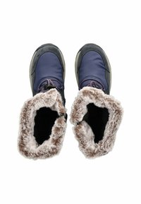 Stivali invernali blu navy con foderatura in pelliccia sintetica, suole in gomma e dettagli in pizzo. Design a punta rotonda con vestibilità aderente. Inclusa una cintura in Velcro.