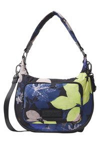 Torebka na ramię z wzorami liści w kolorach niebieskim, zielonym i białym, przednia kieszeń na zamek oraz regulowany czarny pasek.