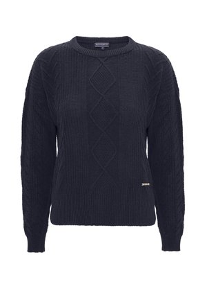 Pull en tricot bleu marine avec un col rond, un motif en relief en forme de câble et des poignets et un ourlet côtelés. Comprend une petite étiquette de marque métallique.