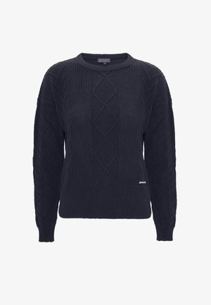 Marineblau gestrickter Pullover mit rundem Ausschnitt, strukturiertem Zopfmuster sowie gerippten Bündchen und Saum. Verfügt über ein kleines metallisches Markenschild.