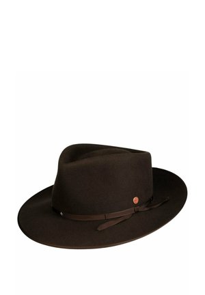 Dark brown wide-brimmed fedora hat with a matching ribbon band and small round metal emblem on the side.