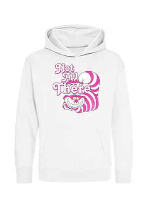 Hvid hættetrøje med pink og hvide striber Cheshire Cat og teksten "Not All There" på brystet.