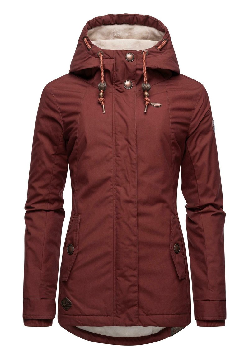 Burgundy insulated jacket with a fur-lined hood, adjustable drawstring, snap buttons, and side pockets. Smooth outer fabric with a tailored fit.