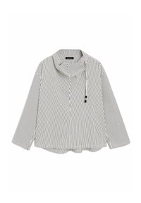 Gestreiftes Hemd in Schwarz und Weiß mit langen Ärmeln, einem Reverskragen und einem Kordelzug am Ausschnitt. Weiche Stoffstruktur.