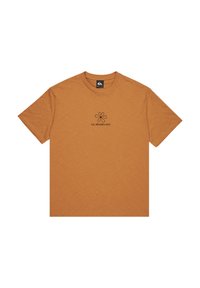 Tričko s krátkým rukávem v rezavé barvě s malým černým logem připomínajícím květinu a textem "Quiksilver" umístěným uprostřed na hrudi.