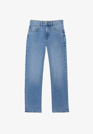 Šviesiai mėlynos spalvos džinsai iš džinso audinio su tiesiomis kojų siūlėmis, turintys klasikinius penkių kišenių dizainą ir užsegimą mygtuku liemens srityje.