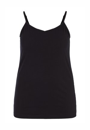 Top sans manches noir avec des bretelles fines, design en V, fabriqué en coton doux, avec une texture lisse et une coupe décontractée.