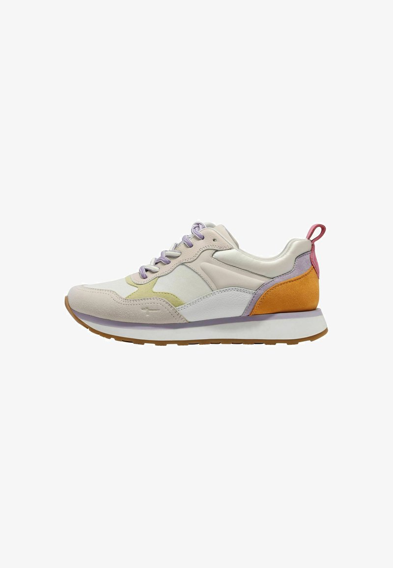 Lightweight sneakers with a mixed material design, featuring cream, white, yellow, orange, and lavender hues. Textured toe and rubber sole.