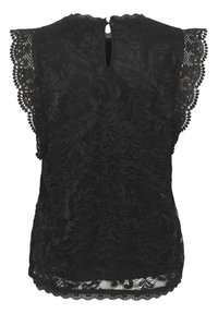 Czarna koronkowa bluzka z kwiatowym wzorem, falbaniastymi rękawami, wycięciem w kształcie łezki z zapięciem na guziczek oraz teksturowanym wykończeniem.