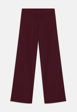 Pantalons en tricot côtelé à jambes larges de couleur bourgogne profond avec une taille ajustée, présentés sur un fond clair uniforme.