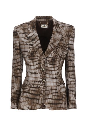 Blazer da donna con motivo coccodrillo marrone e beige, rever con intaglio, due bottoni e tasche con patta frontali.
