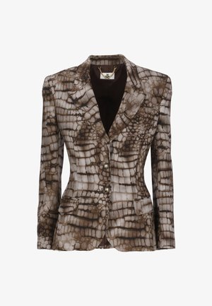 Blazer da donna con motivo coccodrillo marrone e beige, rever con intaglio, due bottoni e tasche con patta frontali.