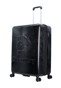 Schwarze Hartschalentasche mit glänzender Oberfläche, eingeprägtem "Discovery"-Logo, ausziehbarem Griff, vier Rädern und Reißverschlussverschluss.
