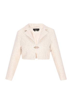 Blazer accorciato in tessuto beige chiaro con una trama testurizzata e una leggera lucentezza. Presenta un colletto classico e un dettaglio di bottone decorativo nella parte anteriore.