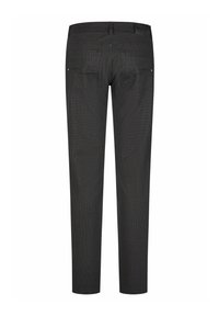 Pantalons noirs à motif avec une coupe droite, comportant deux poches arrière et un logo de marque visible au niveau de la taille.