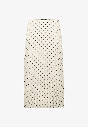 Jupe midi plissée en crème avec des pois noirs. Présente une texture lisse et une taille ajustée. Longueur mi-mollet.