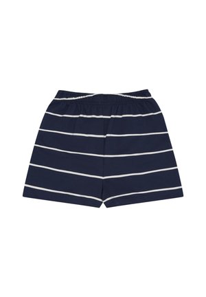 Shorts bleu marine à rayures blanches horizontales avec une taille élastique, posés à plat sur un fond blanc.