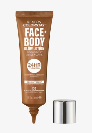 Tube Revlon ColorStay Face + Body Glow Lotion in tint 130, kokosgeur, met zilverkleurige dop, met de belofte van 24 uur hydratatie en glans.