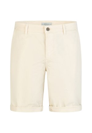 Herren beige knielange Shorts mit Knopfverschluss, Gürtelschlaufen und umgeschlagenen Säumen.