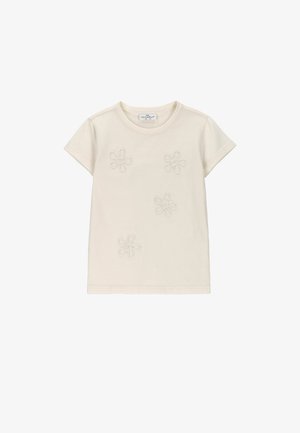 Kremowy t-shirt z krótkim rękawem i okrągłym dekoltem oraz czterema haftowanymi kwiatami rozrzuconymi na przodzie.