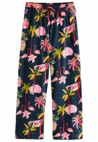 Blommönstrade byxor med en mörk marinblå bakgrund, prydda med rosa flamingos, snäckor och tropiska växter. Elastisk midja med dragsko.