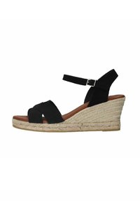 Black suede wedge sandal with a jute rope sole, featuring a crossed strap design and ankle strap with a silver buckle.