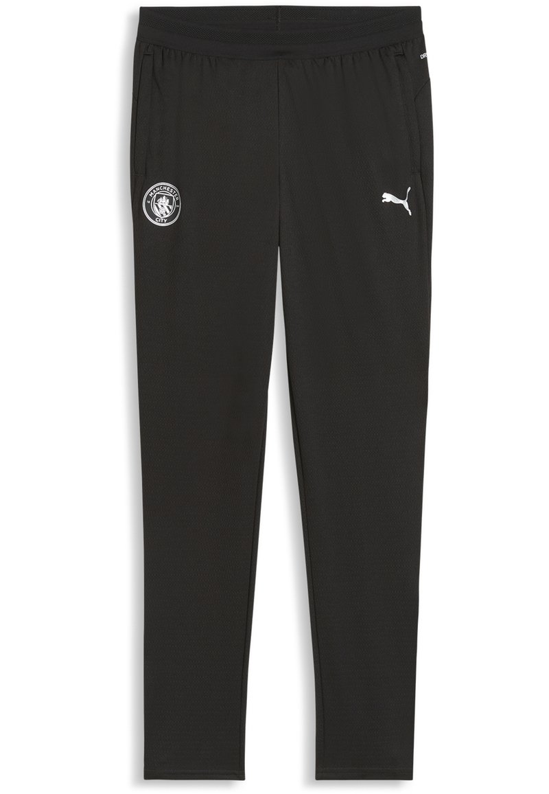 Pantaloni sportivi neri realizzati in un materiale liscio e leggero. Presentano un cinturino testurizzato, tasche laterali e loghi bianchi di Manchester City e Puma.