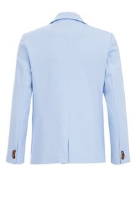 Lichtblauwe blazer met een geknipt kraag, textuurstof, enkele vent in de rug en bruine knopenaccenten op de mouwen.