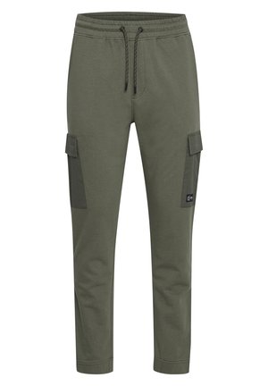 Olivengrüne Cargo-Hose aus einer Baumwollmischung, mit Seitentaschen, elastischem Bund mit verstellbarem Kordelzug und schmal zulaufendem Bein.