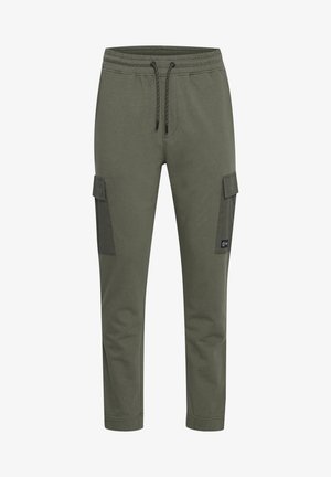 Cargo pants in olive green, made from cotton blend, feature side pockets, elastic waist with adjustable drawstring, and tapered legs.