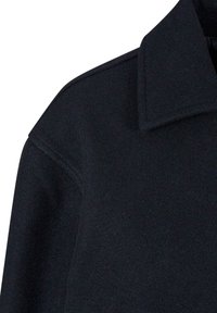 Prim-plan al umerilor şi gulerului unui palton negru de lână, evidenţiind cusături croite şi design structurat.