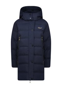 Cappotto imbottito blu navy con cappuccio, dotato di chiusure a zip e a bottoni automatici, tasche laterali con zip e un design trapuntato cucito.