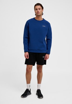 Sudadera azul con puños y dobladillo acanalados, que presenta un pequeño logo blanco en el pecho. Los pantalones cortos negros y las zapatillas deportivas negras completan el atuendo.