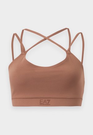 Brassière de sport marron avec fines bretelles doubles croisées dans le dos et bande élastique ornée du logo EA7 Emporio Armani.