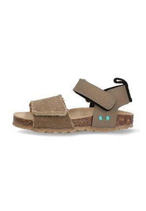 Sandalo in tessuto marrone e pelle con tomaia testurizzata, cinturino regolabile e suola simile al sughero; presenta accenti blu sul lato.
