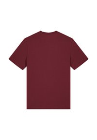 Bordeauxfarbenes Kurzarm-T-Shirt aus Baumwolle mit rundem Ausschnitt und einer glatten, gleichmäßigen Textur ohne zusätzliche Muster oder Details.