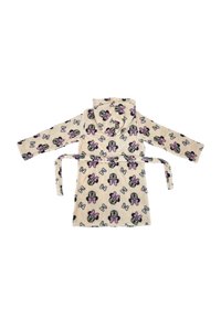 Huistextiel met capuchon in zacht beige fleece, voorzien van zwarte en roze cartoonfiguur ontwerpen en bloemmotieven, vastgemaakt met een bijpassende riem.