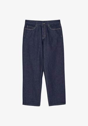 Donkerblauwe denim jeans met rechte pijpen, voorkant met knoop, rits en ontwerp met vijf zakken. Witte contrasterende stiksel langs de naden.