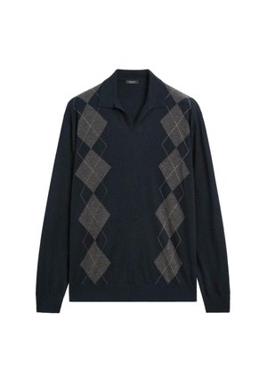 Pull en laine bleu marine à manches longues avec un col ouvert et des motifs de losanges argyle gris se déplaçant verticalement sur les côtés avant.