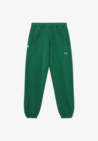 Zaļas sporta bikses ar elastīgu jostu, sānu kabatām un sašaurinātiem piedurkņiem. Funkcijas logotipa detaļa tuvu gurnam. Fleece materiāla tekstūra.