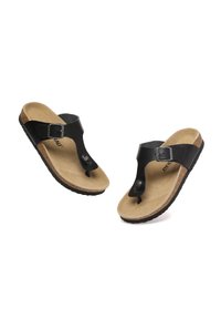 Black thong sandals with a matte finish, cork footbed, and adjustable strap; featuring a smooth sole and a rounded toe design.