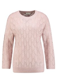 Maglione lavorato a maglia rosa chiaro con un motivo testurizzato a diamante, scollo rotondo e maniche lunghe con orlo e polsini a coste.