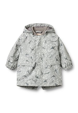 Grau gemusterte wasserdichte Jacke mit Kapuze, ausgestattet mit elastischen Bündchen, zwei Fronttaschen und einem weichen, gestreiften Futter.