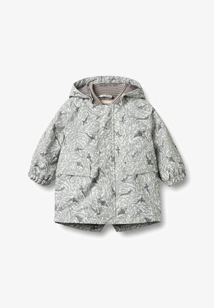 Veste imperméable grise à motifs avec capuche, dotée de poignets élastiques, de deux poches avant et d'une doublure douce rayée.