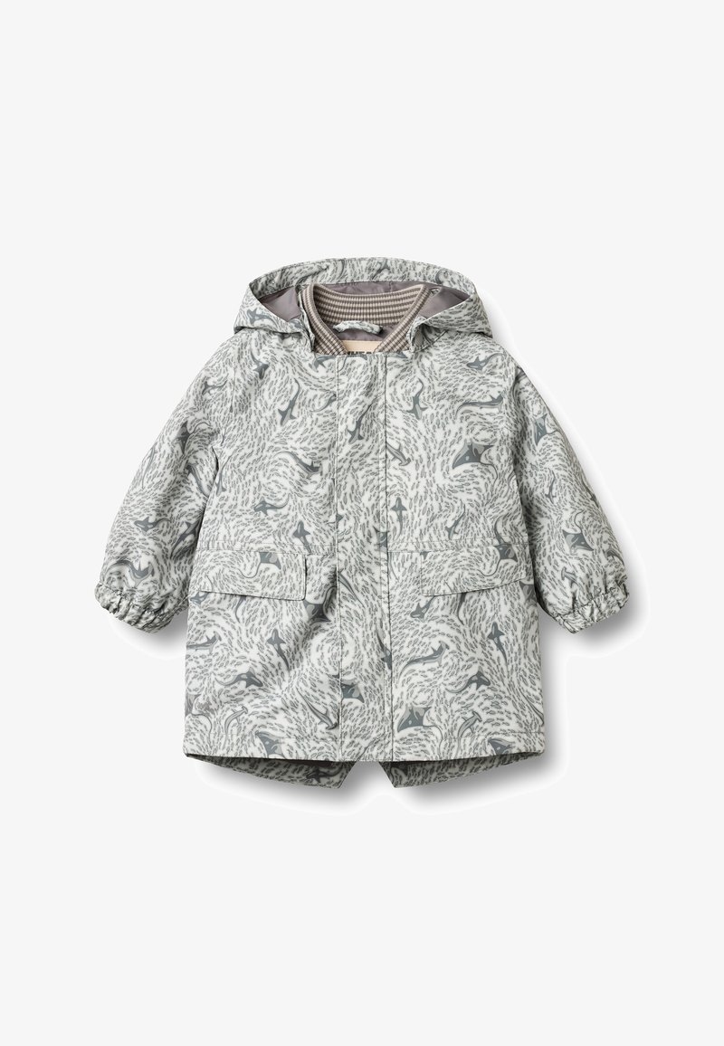 Giacca impermeabile grigia con motivo, dotata di cappuccio, polsini elasticizzati, due tasche frontali e una morbida fodera a righe.
